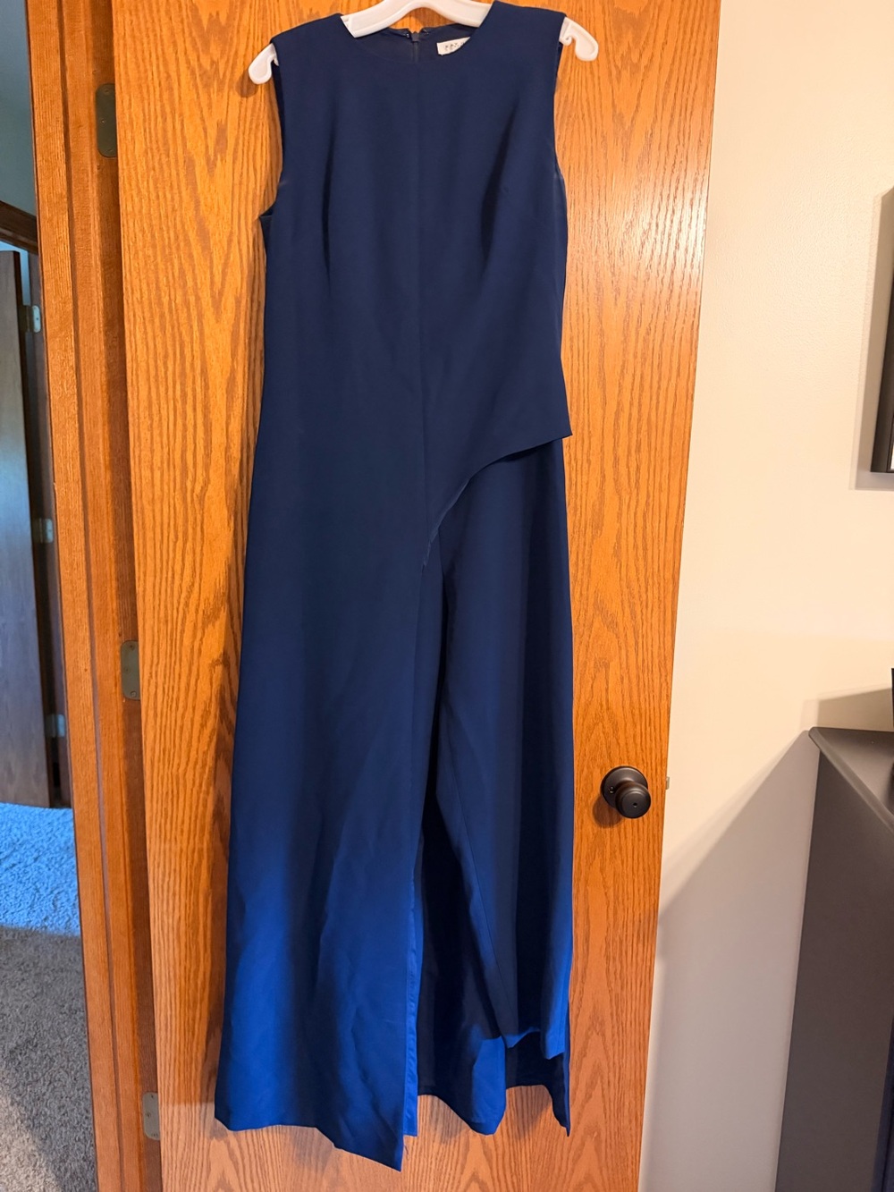 Sleeveless Navy Blue Maxi Jumpsuit - Elegant Asymmetric Overlay - Size 12